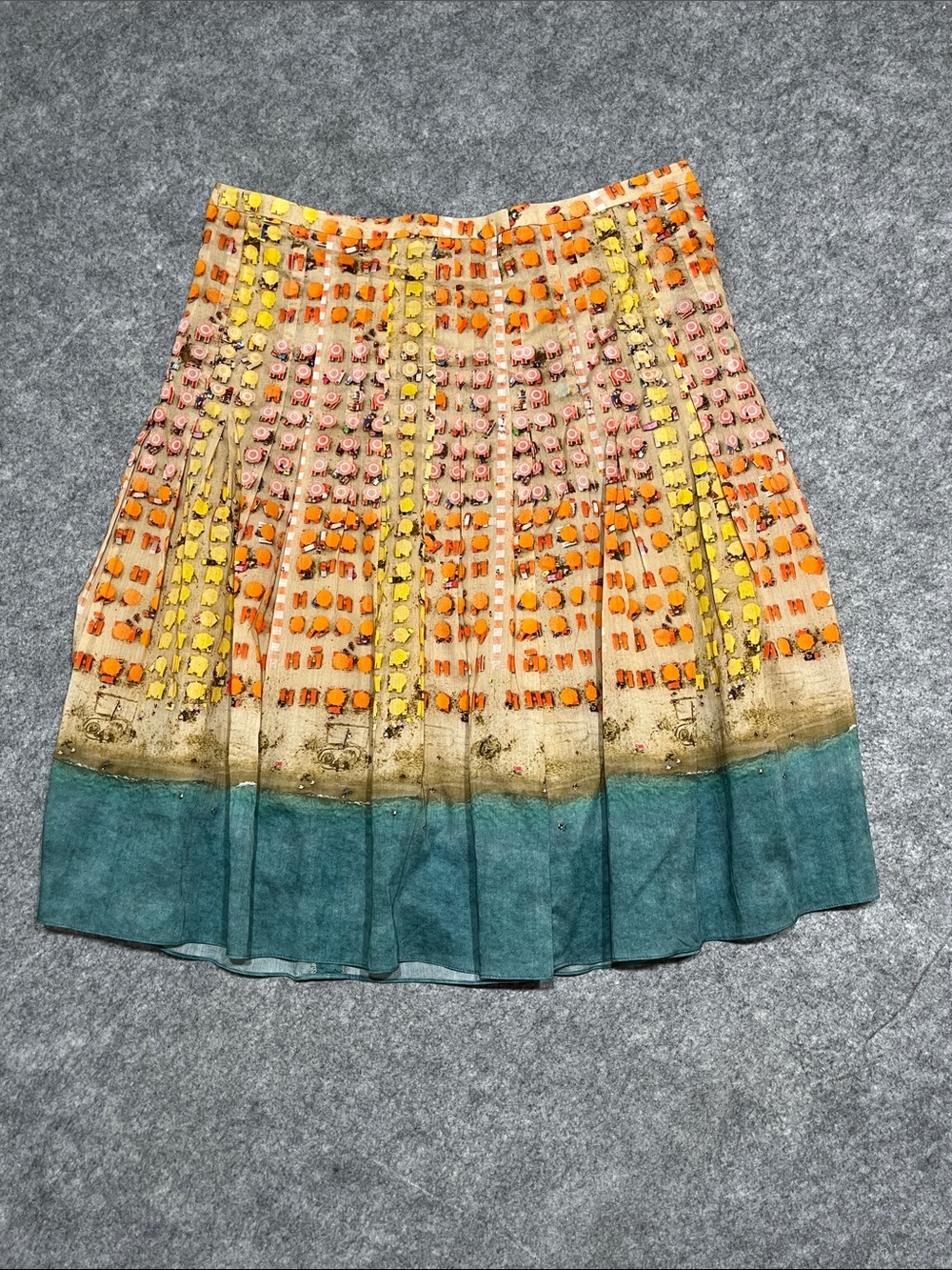Akris Punto Pleated Beach Printed Midi Skirt with Teal Hem